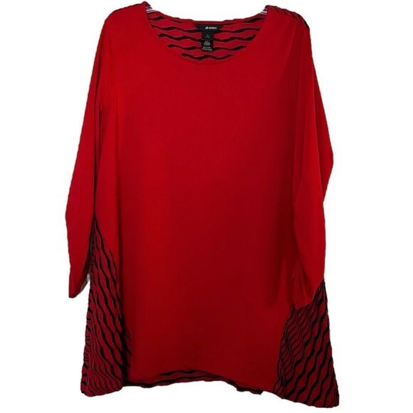 Ali Miles Lagenlook Tunic Top Large Red Black Blouse Artsy Textured Ruched Swing - Picture 1 of 11
